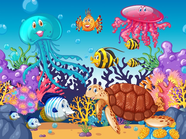 fundo de cena com animais marinhos sob o oceano