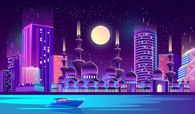 Fundo de cidade à noite com a mesquita muçulmana
