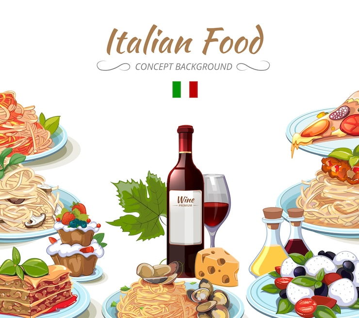 Vetor grátis fundo de comida de cozinha italiana. cozinhar o almoço, macarrão, espaguete e queijo, óleo e vinho. ilustração vetorial