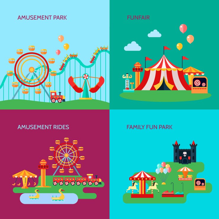 Vetor grátis fundo de conceito de parque de diversões conjunto com diversão monta símbolos ilustração em vetor isolados plana
