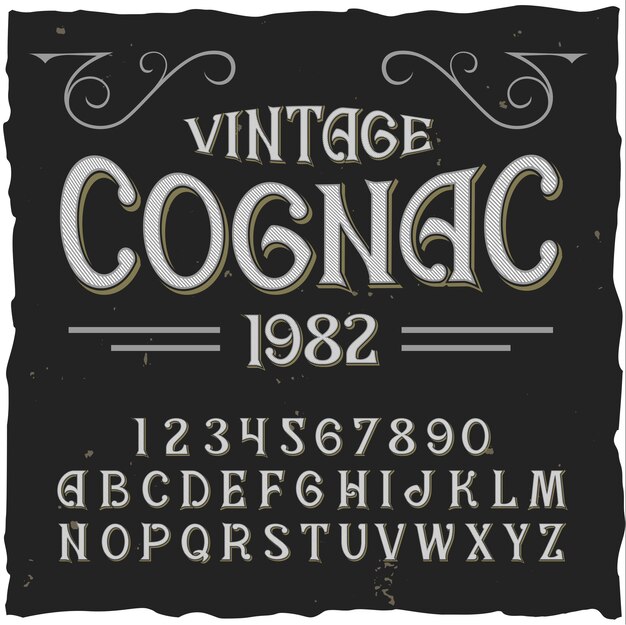 Fundo de conhaque com etiqueta de tipo de letra vintage com texto ornamentado editável e ilustração de letras