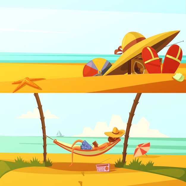 Fundo de desenho animado horizontal de férias de verão com praia usa e ilustração vetorial de equipamento isolado