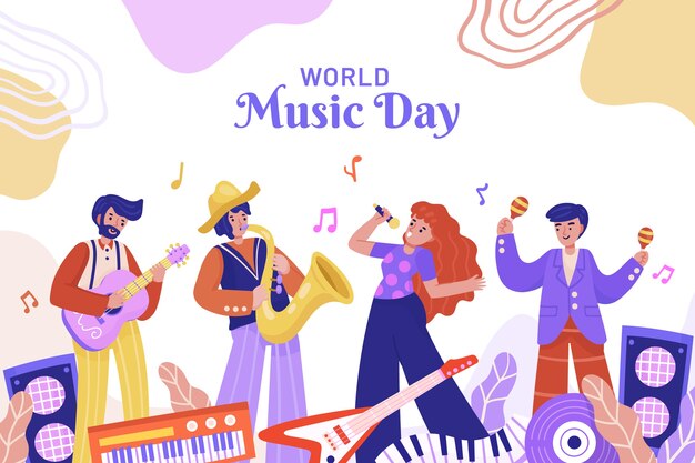 Fundo de dia da música mundial desenhado à mão com artistas