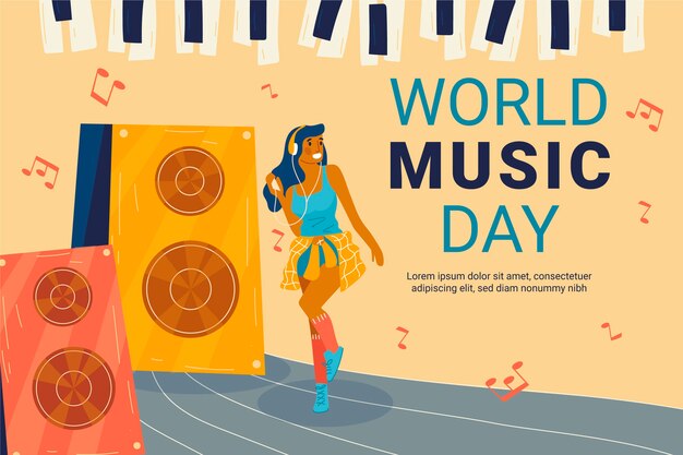 Fundo de dia da música mundial desenhado à mão com dançarina