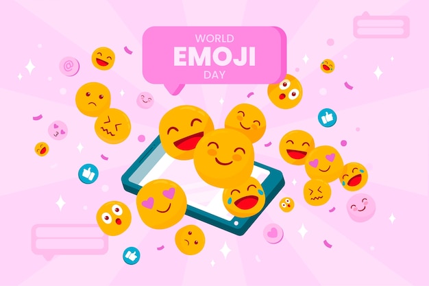 Fundo de dia emoji mundo plano com emoticons