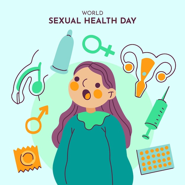 Fundo de dia mundial da saúde sexual com mulher e elementos