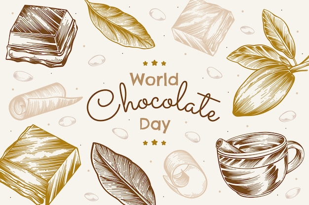 Fundo de dia mundial do chocolate desenhado à mão com folhas de chocolate e cacau