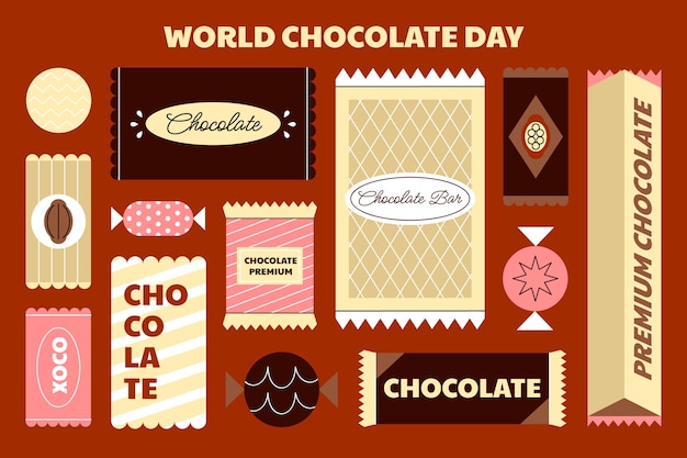 Vetor grátis fundo de dia mundial do chocolate plano com guloseimas de chocolate