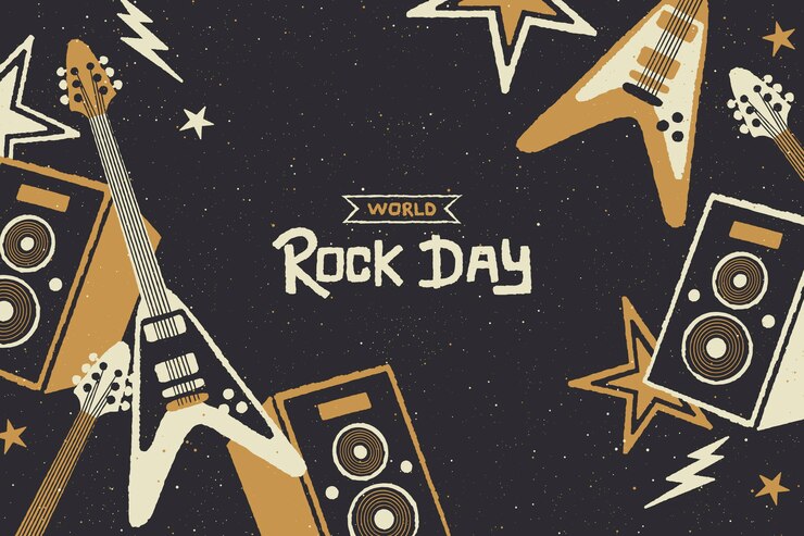 Vetor grátis fundo de dia mundial do rock plano com guitarras e alto-falantes
