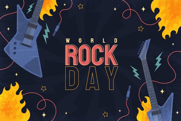 Vetor grátis fundo de dia mundial do rock plano com guitarras e chamas