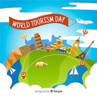 Fundo de dia mundial do turismo com marcos e transporte