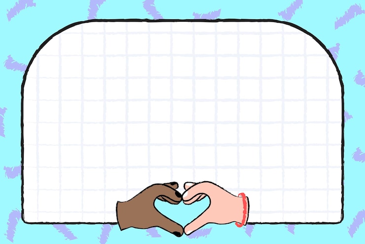 Vetor grátis fundo de doodle de diversidade, moldura azul funky com vetor de mão de coração