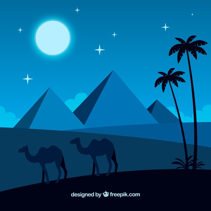 Vetor grátis fundo, de, egito, pirâmides, noturna, paisagem, com, caravana, de, camelos