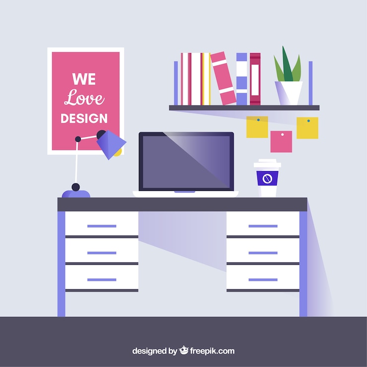 Vetor grátis fundo de espaço de trabalho de design gráfico com mesa e ferramentas