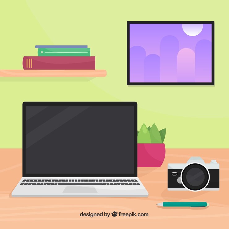Vetor grátis fundo de espaço de trabalho de design gráfico com mesa e ferramentas