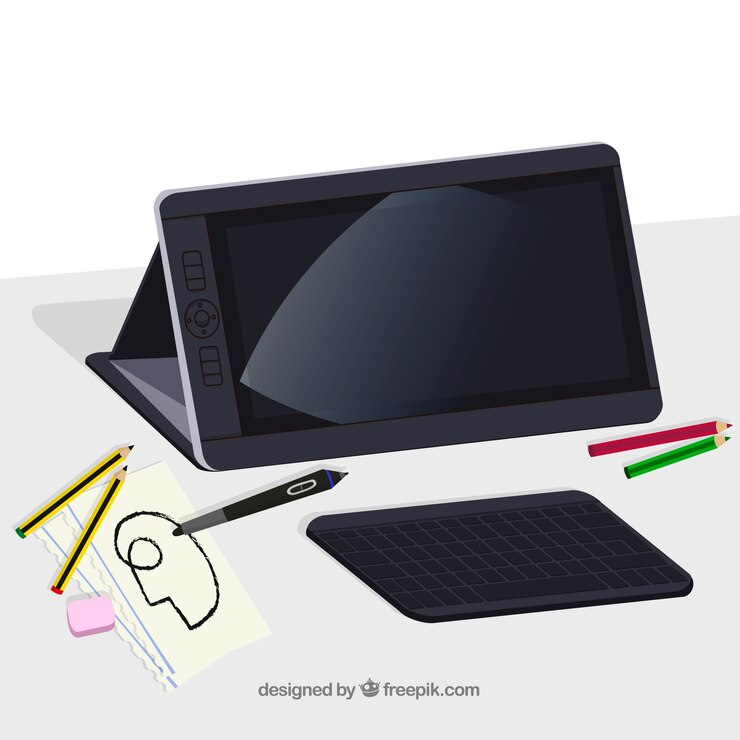Vetor grátis fundo de espaço de trabalho de design gráfico com mesa e ferramentas