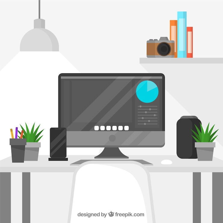Vetor grátis fundo de espaço de trabalho de design gráfico com mesa e ferramentas