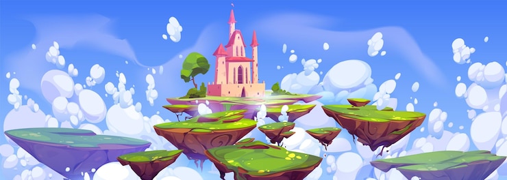 Vetor grátis fundo de fantasia com castelo mágico na ilha flutuando no céu paisagem de jogo com ilhas voadoras com fortaleza medieval grama verde e nuvens ilustração de desenho animado vetorial