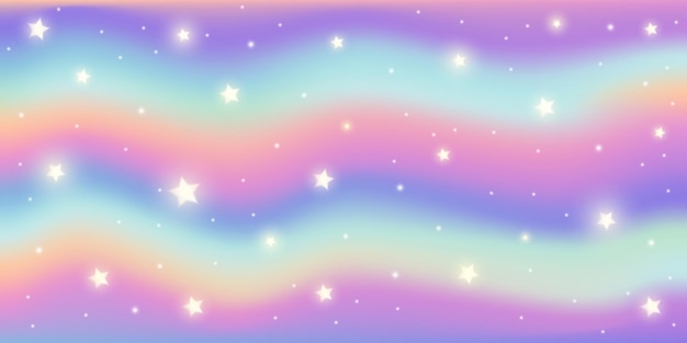 Fundo de fantasia de arco-íris ilustração holográfica em cores pastel céu multicolorido e estrelas