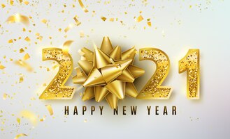 Vetor grátis fundo de feliz ano novo de 2021 com laço dourado para presente, confete e números de ouro com glitter brilhantes