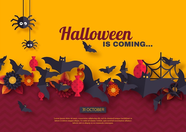 Fundo de férias de halloween. estilo de corte de papel morcegos voadores, doces, flores e aranhas. fundo de cor roxa e amarela com texto de saudação, ilustração vetorial. Vetor Premium