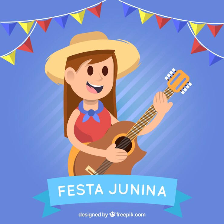 Vetor grátis fundo de festa junina com garota tocando uma guitarra