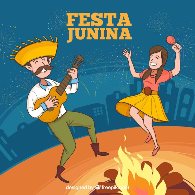 Fundo de festa junina com pessoas jogando e dançando