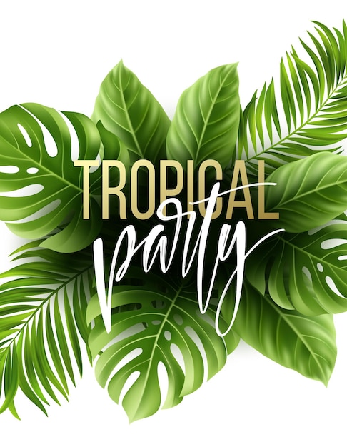 Fundo de folha tropical de verão com folhas de palmeira exóticas. Modelo de panfleto de festa.