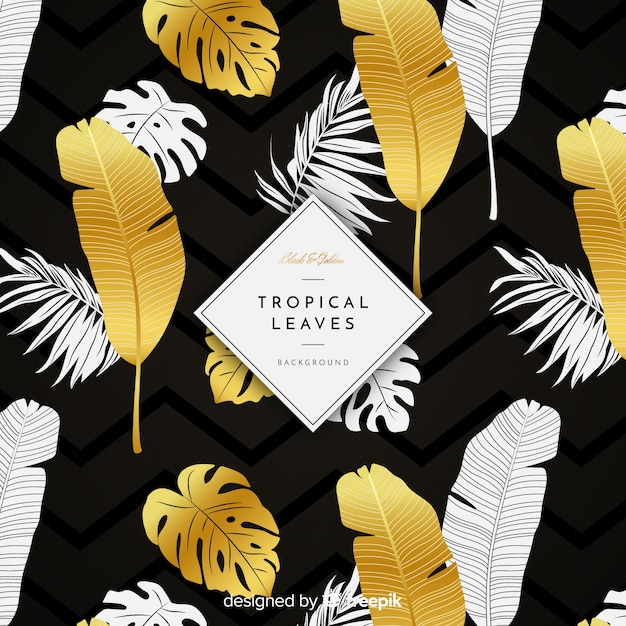 Fundo de folhas tropicais de preto e dourado