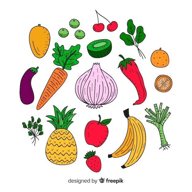 Fundo de frutas e vegetais frescos mão desenhada