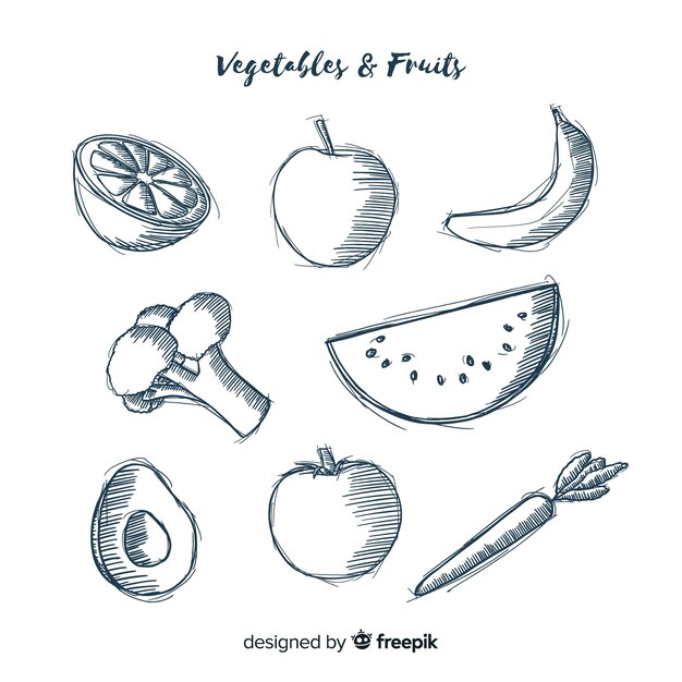 Fundo de frutas e vegetais incolor de mão desenhada