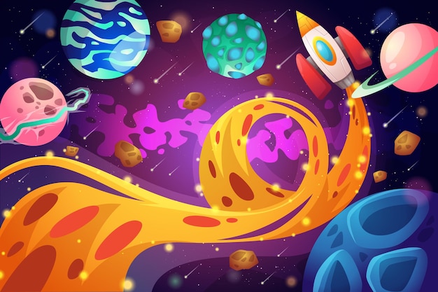 Fundo de galáxia com planetas coloridos e modelo de foguete