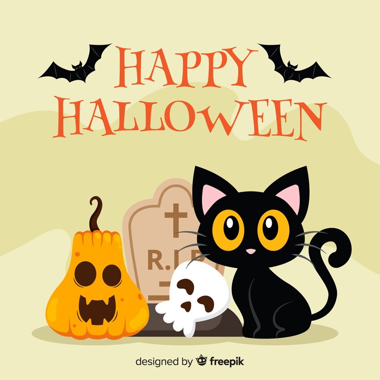 Vetor grátis fundo de gato de halloween em design plano