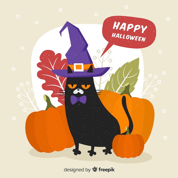 Fundo de gato de halloween em design plano