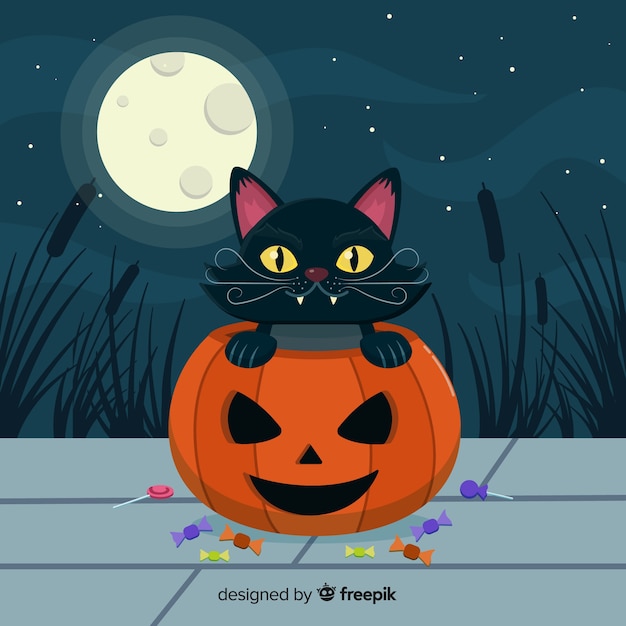 Fundo de gato de halloween em design plano