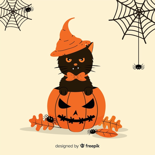 Vetor grátis fundo de gato de halloween em design plano