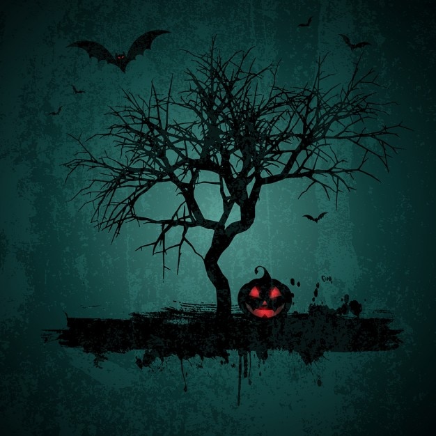 Vetor grátis fundo de halloween com árvore e abóbora em estilo grunge