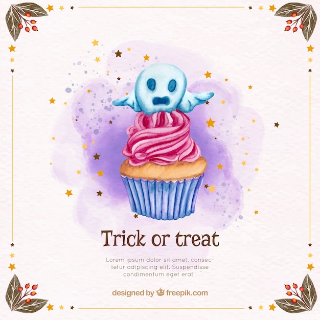 Fundo de halloween com cupcake e fantasma decorativo