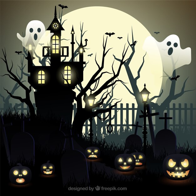 Fundo de Halloween com fantasmas e casa assombrada