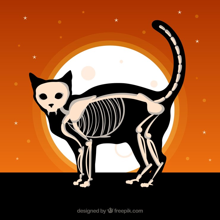 Vetor grátis fundo de halloween com gato e esqueleto