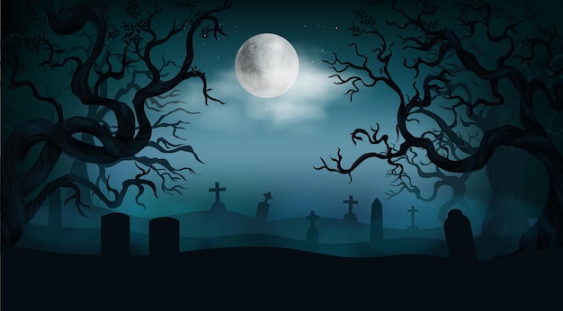 Fundo de Halloween com lápides de cemitério antigas, árvores sem folhas assustadoras, lua cheia no céu noturno.