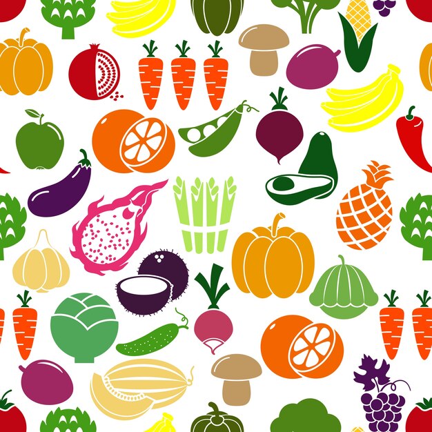 Fundo de legumes e frutas. Patison e rabanete, berinjela e romã, ervilhas e repolho. Ilustração vetorial