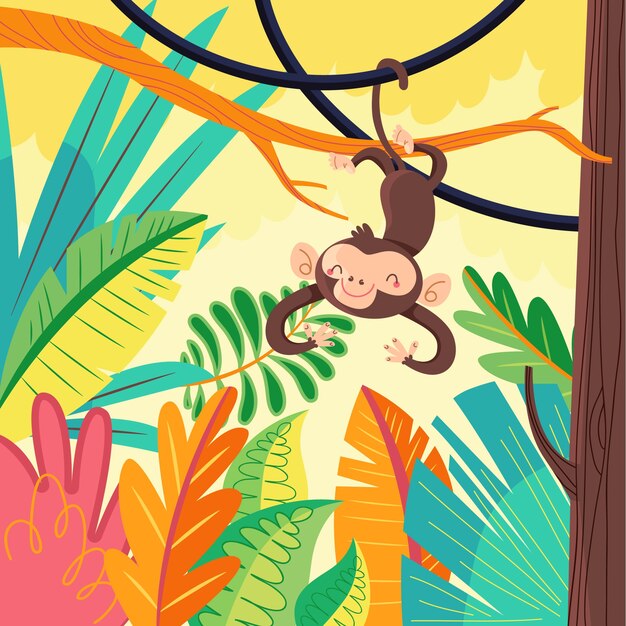 Fundo de macaco tropical plano desenhado à mão de verão