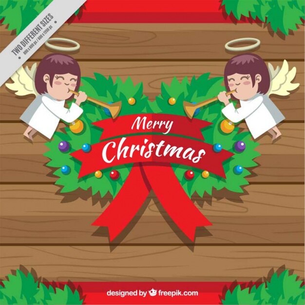 Vetor grátis fundo de madeira com os anjos e os enfeites de natal