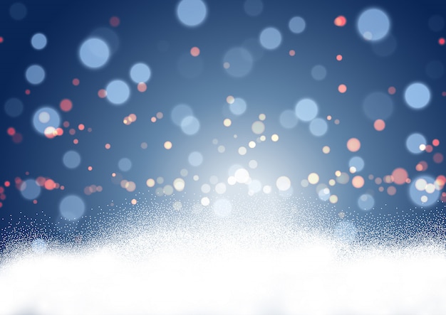 Fundo de Natal com luzes de neve e bokeh