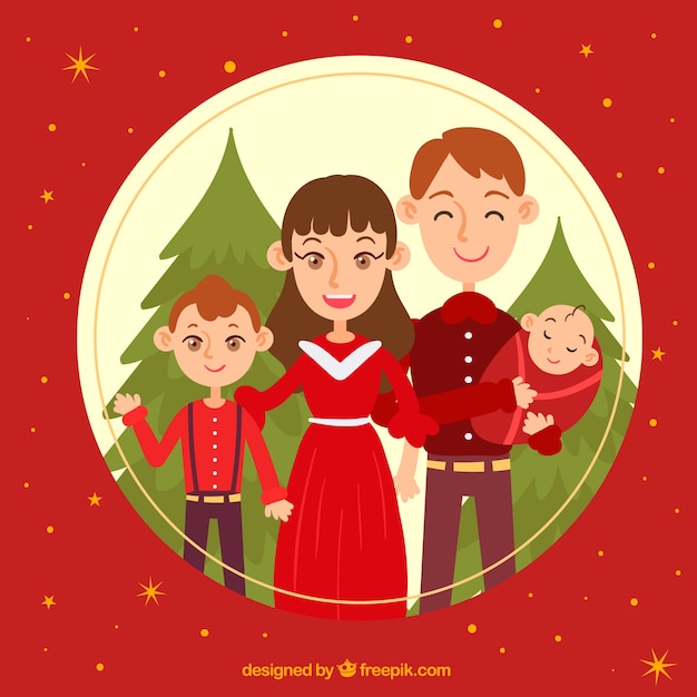 Fundo de Natal com uma família vestida de vermelho