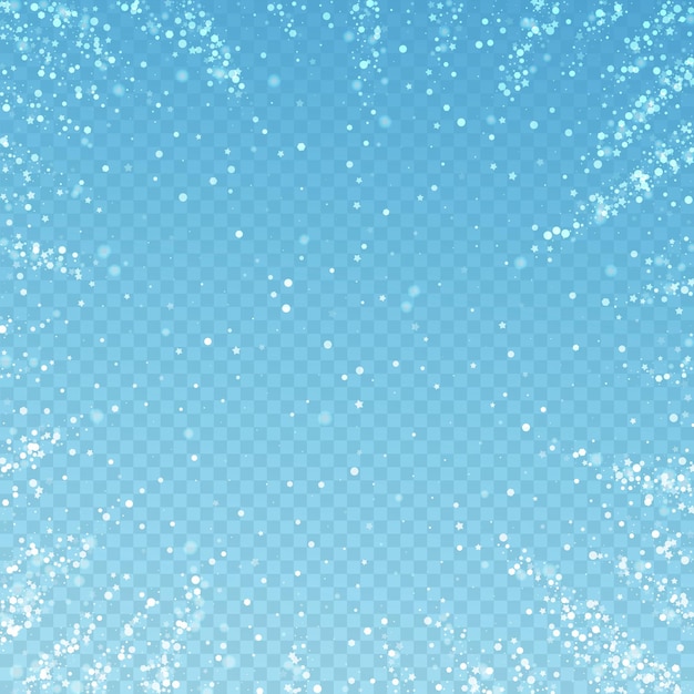 Fundo de natal de estrelas mágicas. flocos de neve voando sutis e estrelas sobre fundo azul transparente. modelo de sobreposição de floco de neve de prata incrível de inverno. ilustração em vetor imaginativa. Vetor Premium
