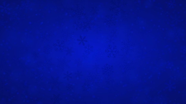 Fundo de natal de flocos de neve de diferentes formas, tamanhos e transparências em cores azuis