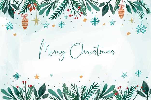 fundo de Natal em aquarela com moldura de folhas na parte superior e inferior