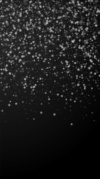 Fundo de natal linda queda de neve. flocos de neve voadores sutis e estrelas em fundo preto. divertido modelo de sobreposição de floco de neve de inverno prata. ilustração vertical de tendências. Vetor Premium